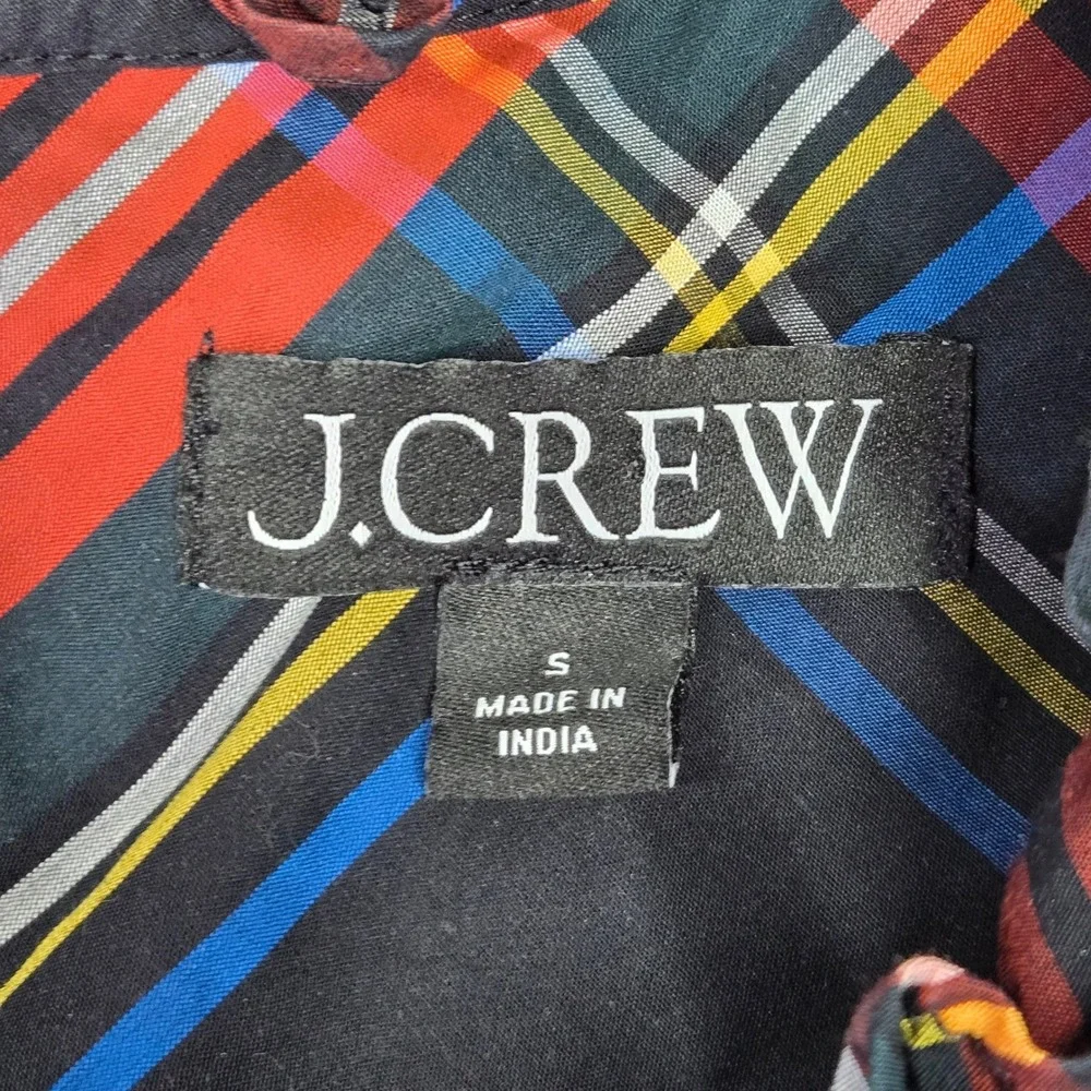 J. Crew Womens BN162 Tartan Plaid Ruffle Neck Puff Sleeve‎ Cotton Top Small
